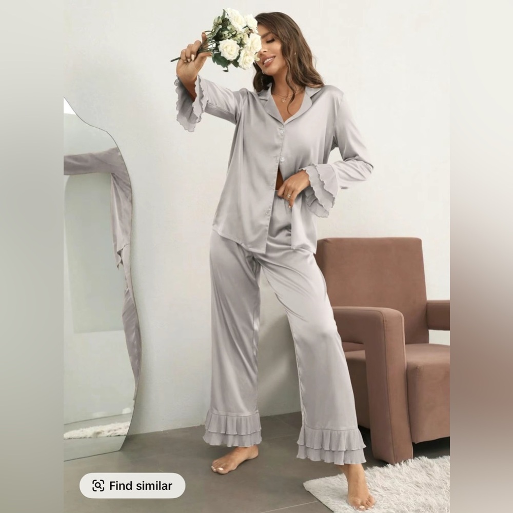 Elegant Gray Women's Satin Pajama Set with ruffles
